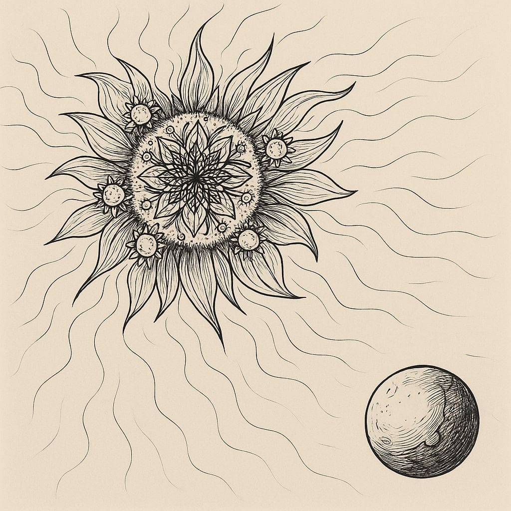 Versión mejorada del boceto a lápiz que muestra la vivacidad de Dios con forma de flor y un rostro o centro más definido
