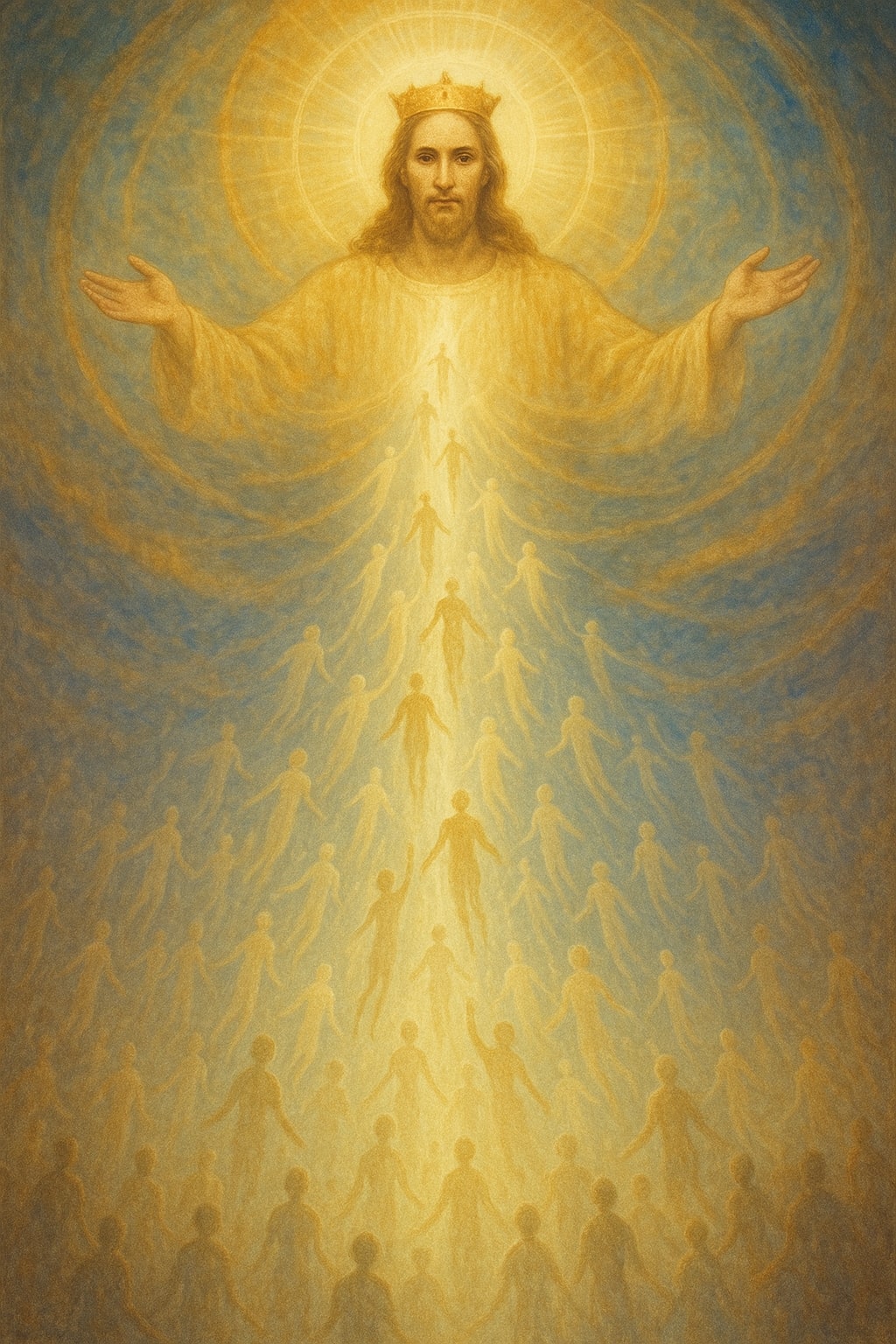 Christ couronné de lumière, les bras ouverts, tandis que des figures lumineuses montent vers Lui—symbolisant l’unité, la protection et le salut.