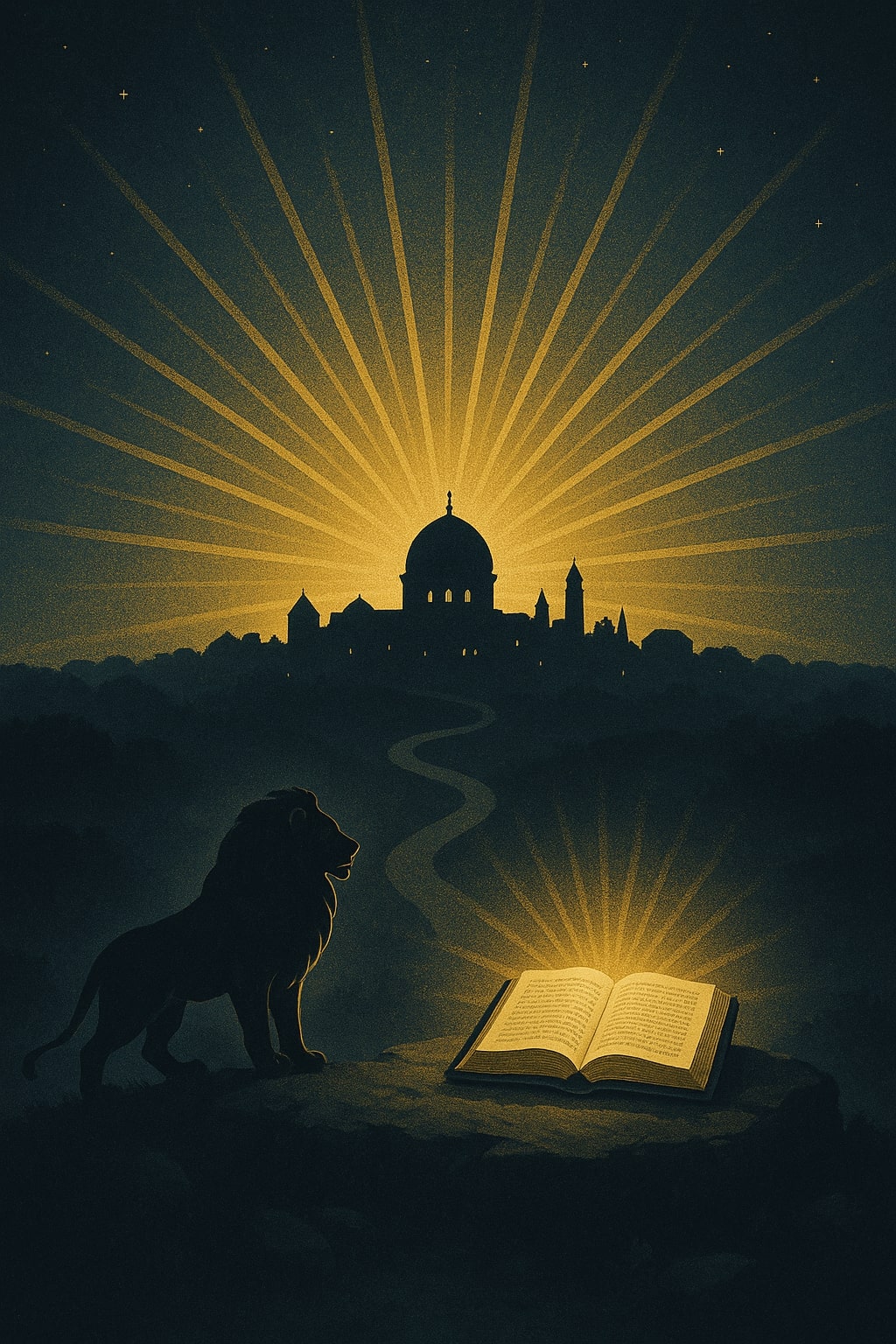 Lion à côté d’un livre ouvert avec une ville moderne en arrière-plan, symbolisant la prophétie, le Christ et l’alliance divine