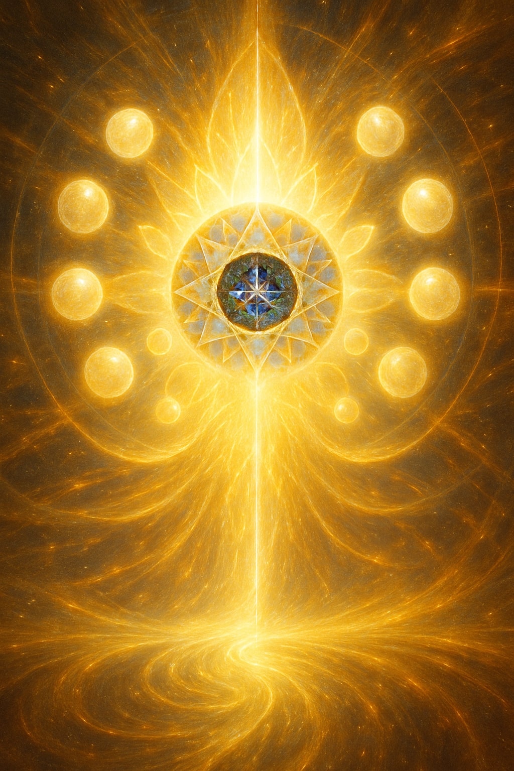 Dios luminoso con núcleo caleidoscópico, rodeado de esferas y pétalos de luz en forma de loto