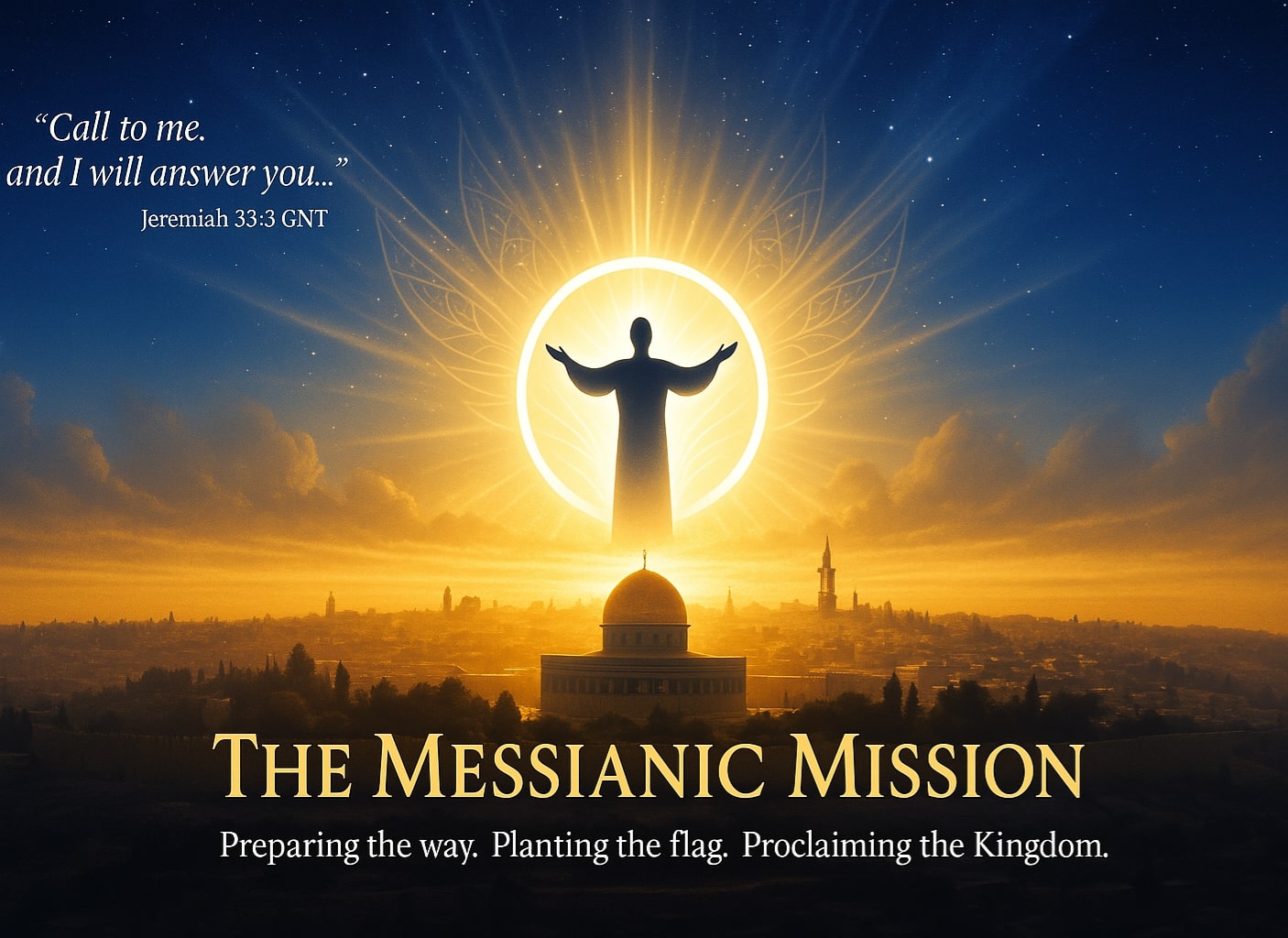 Radiant figure with outstretched arms above a city skyline at sunrise, symbolizing divine presence.