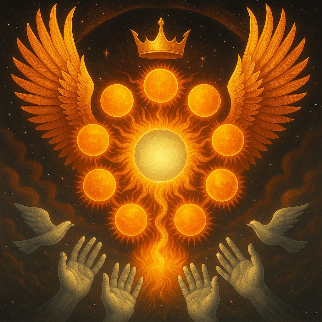 Sol dorado con alas de ángel, corona, palomas y manos levantadas en una visión con forma de corazón de Dios