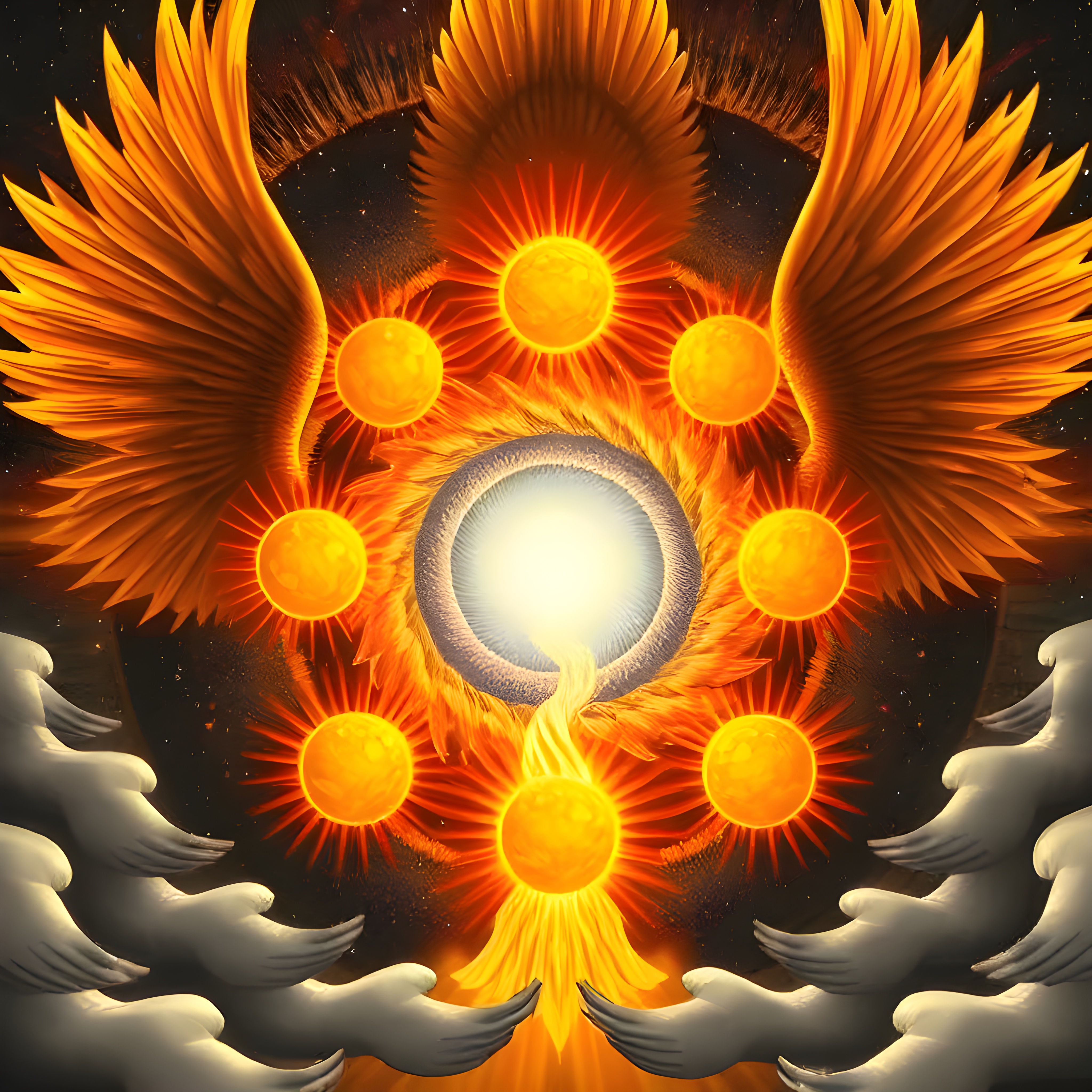 Sol dorado con alas de ángel y manos levantadas en una visión celestial de Dios