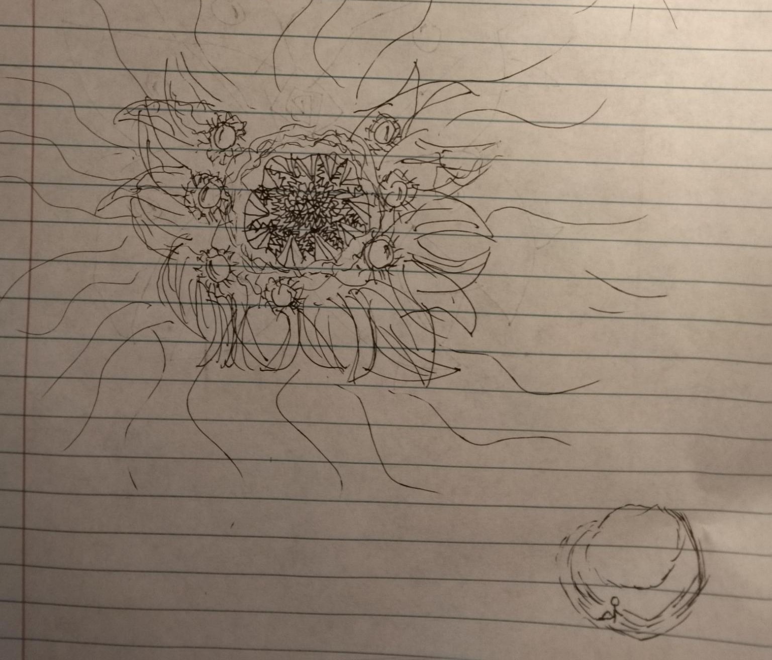 Boceto a lápiz de un Dios radiante rodeado de esferas y rayos de luz, simbolizando una visión espiritual.