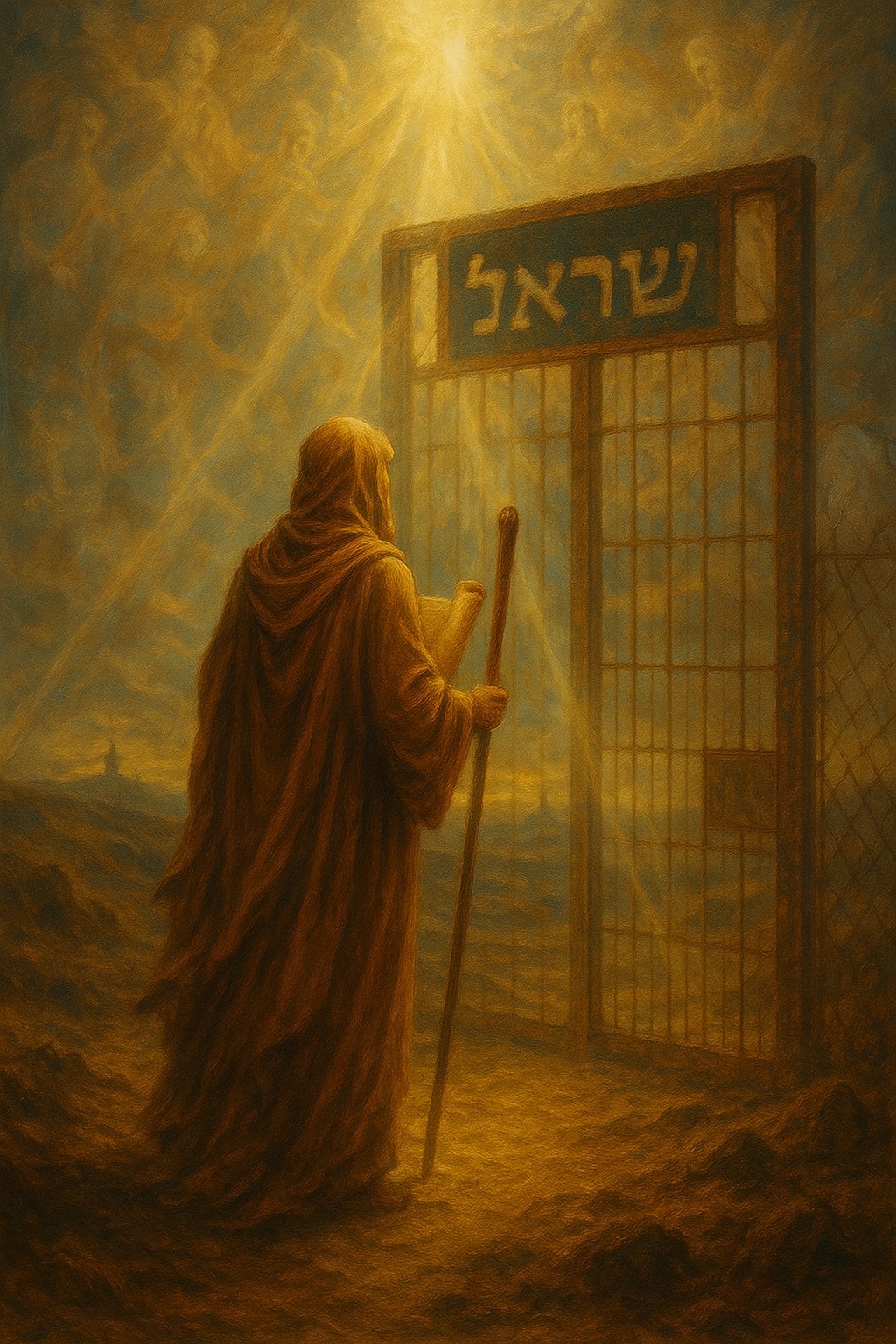 Prophète en robe devant une porte marquée Israël, baigné de lumière dorée céleste, entouré de formes angéliques.